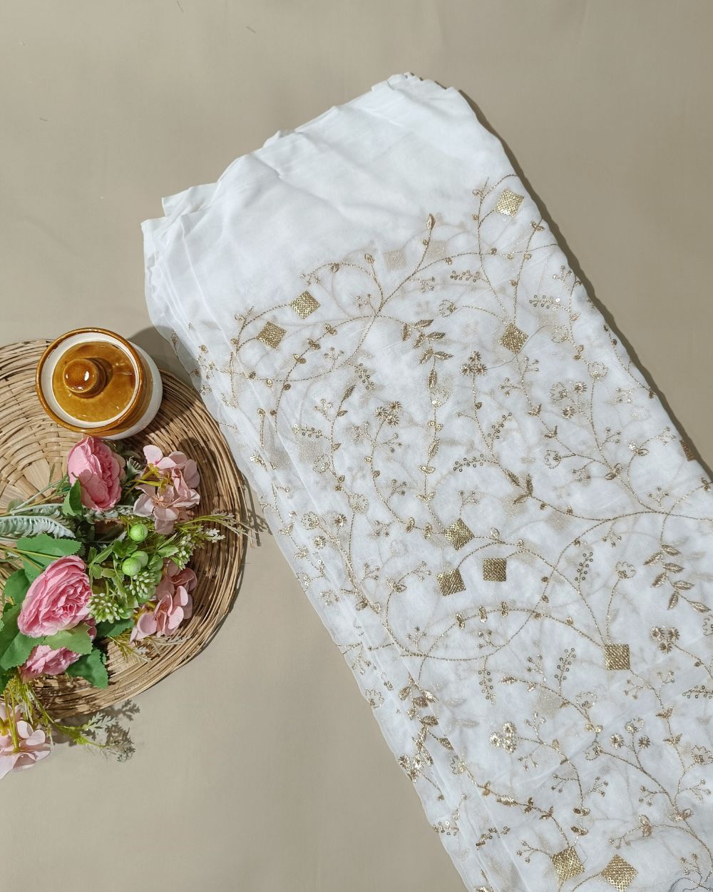 Dyeable Lucknowi Work Viscose Georgette White Colour 44 inches width