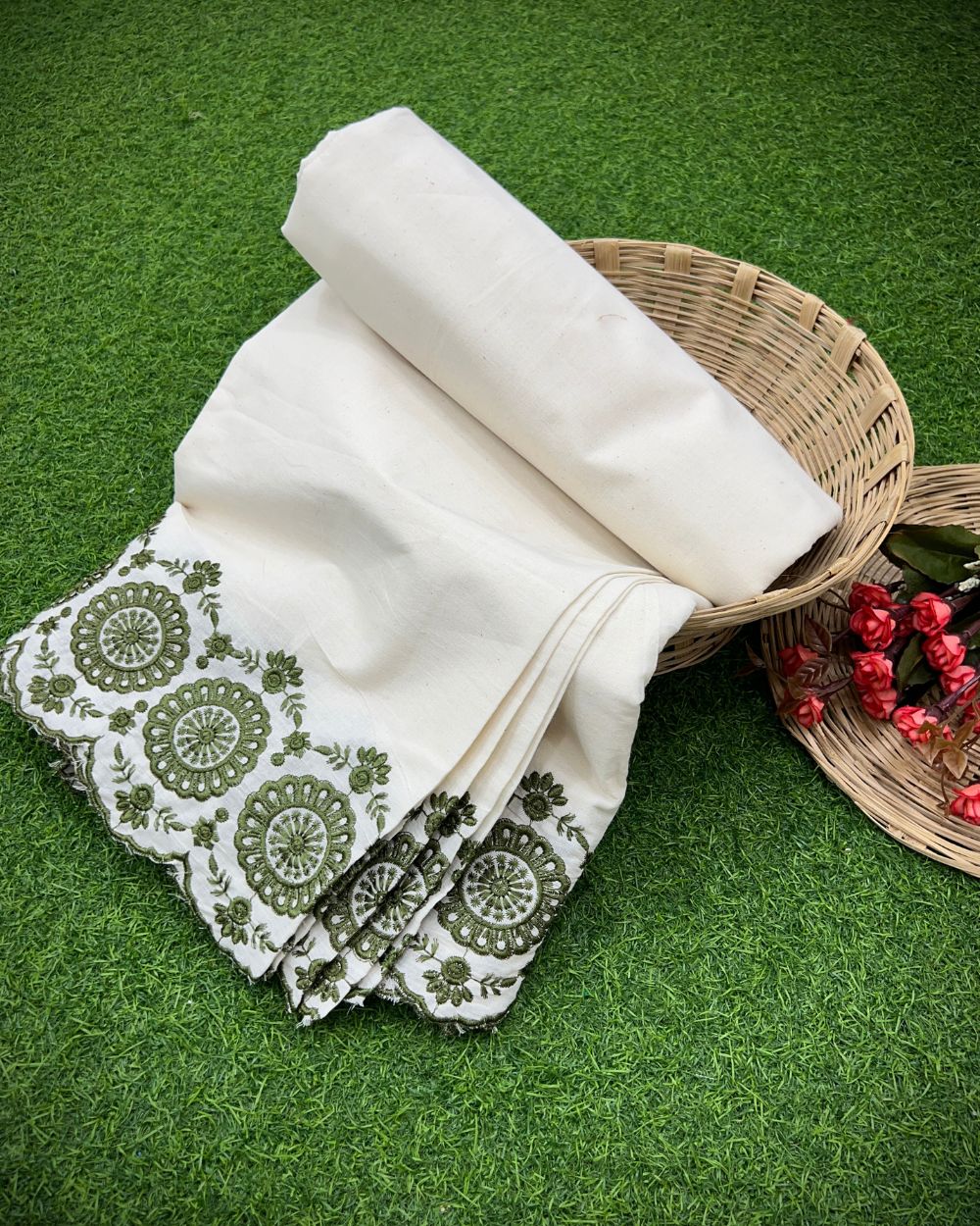 Kora Cotton with Cut Work Border Mehandi Green Colour 42 Inches Width