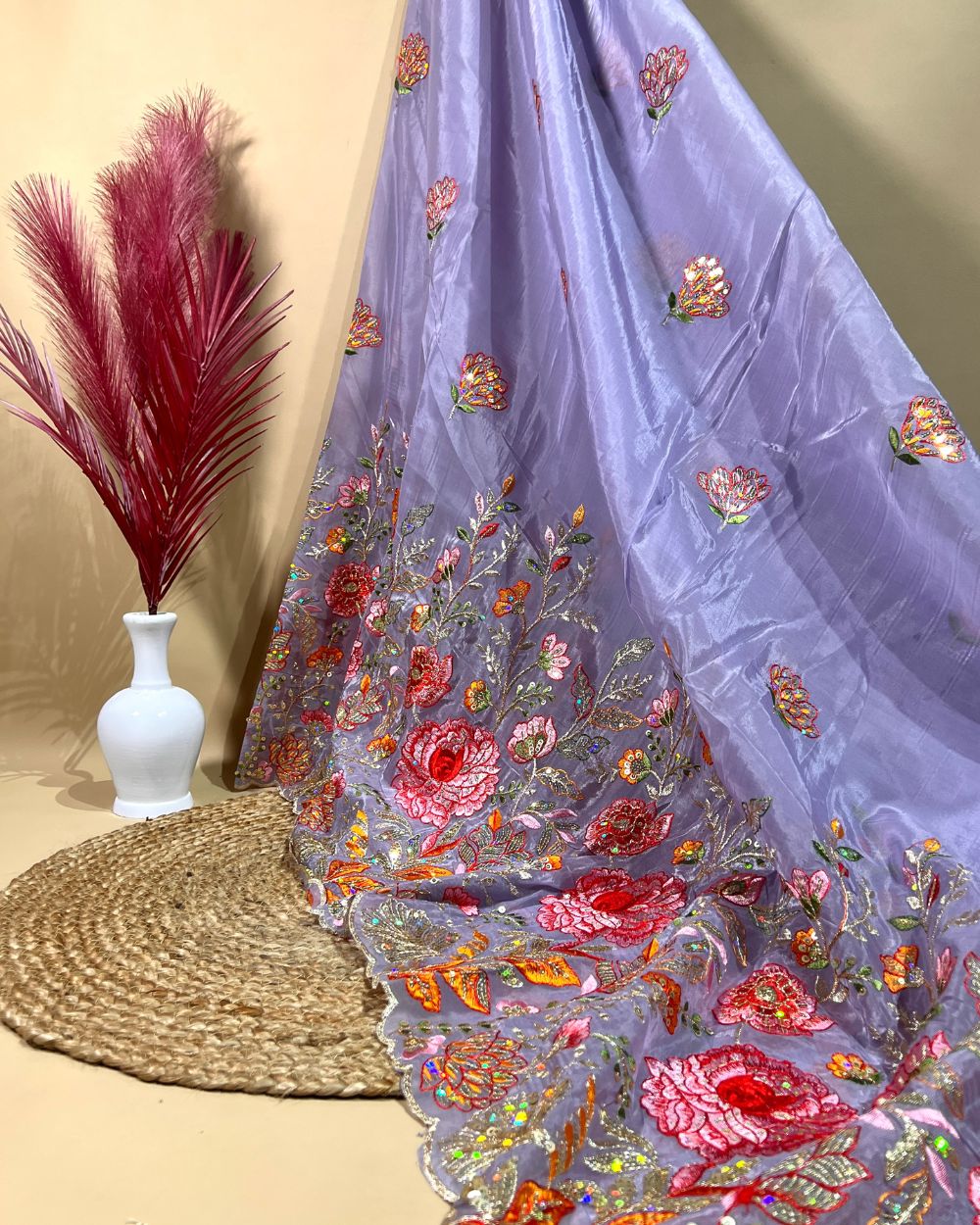 Premium Pure Soft Organza with Border Work Lavender Colour 42 Inches Width