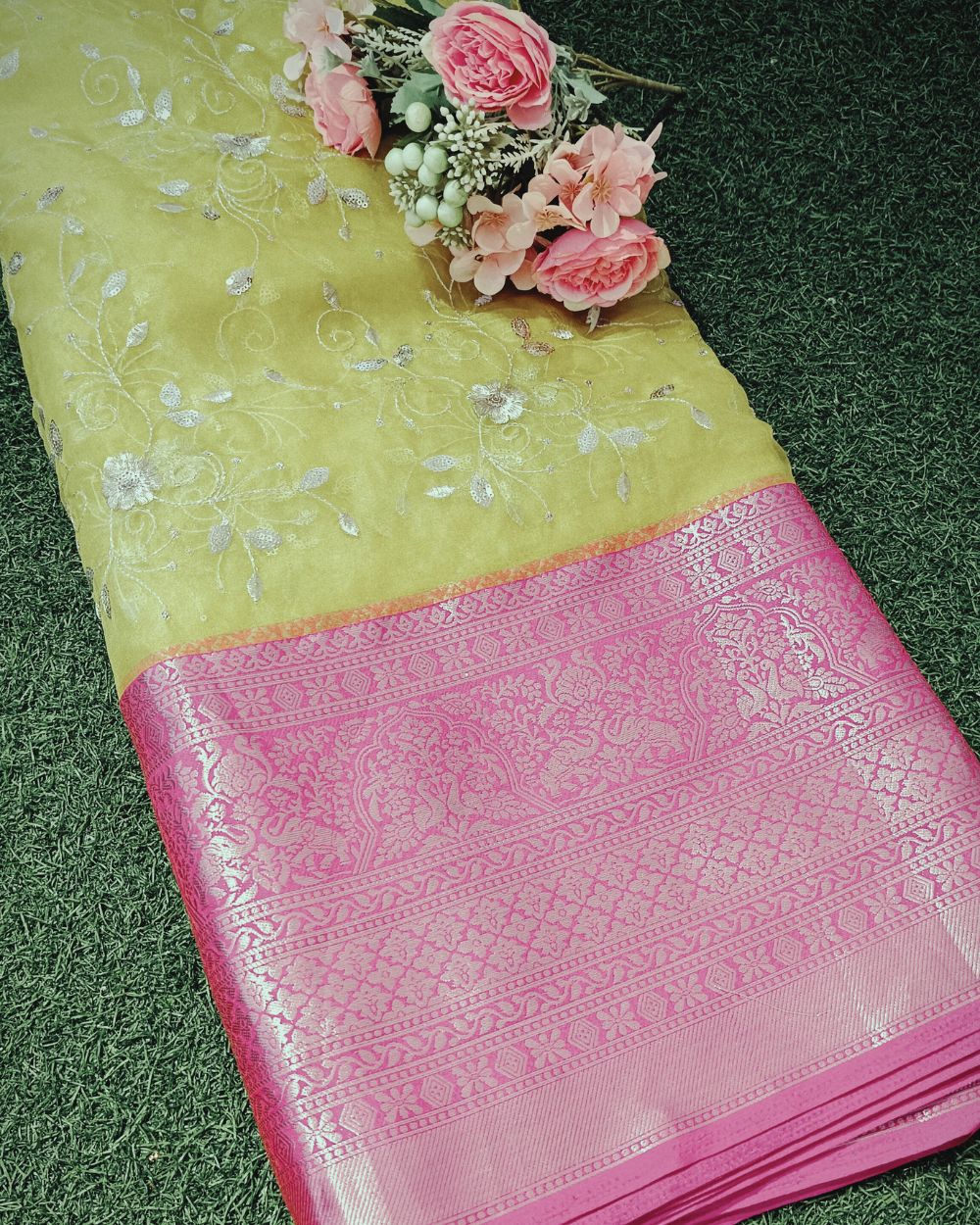 Organza with Border Work Lemon Yellow Colour 42 Inches Width