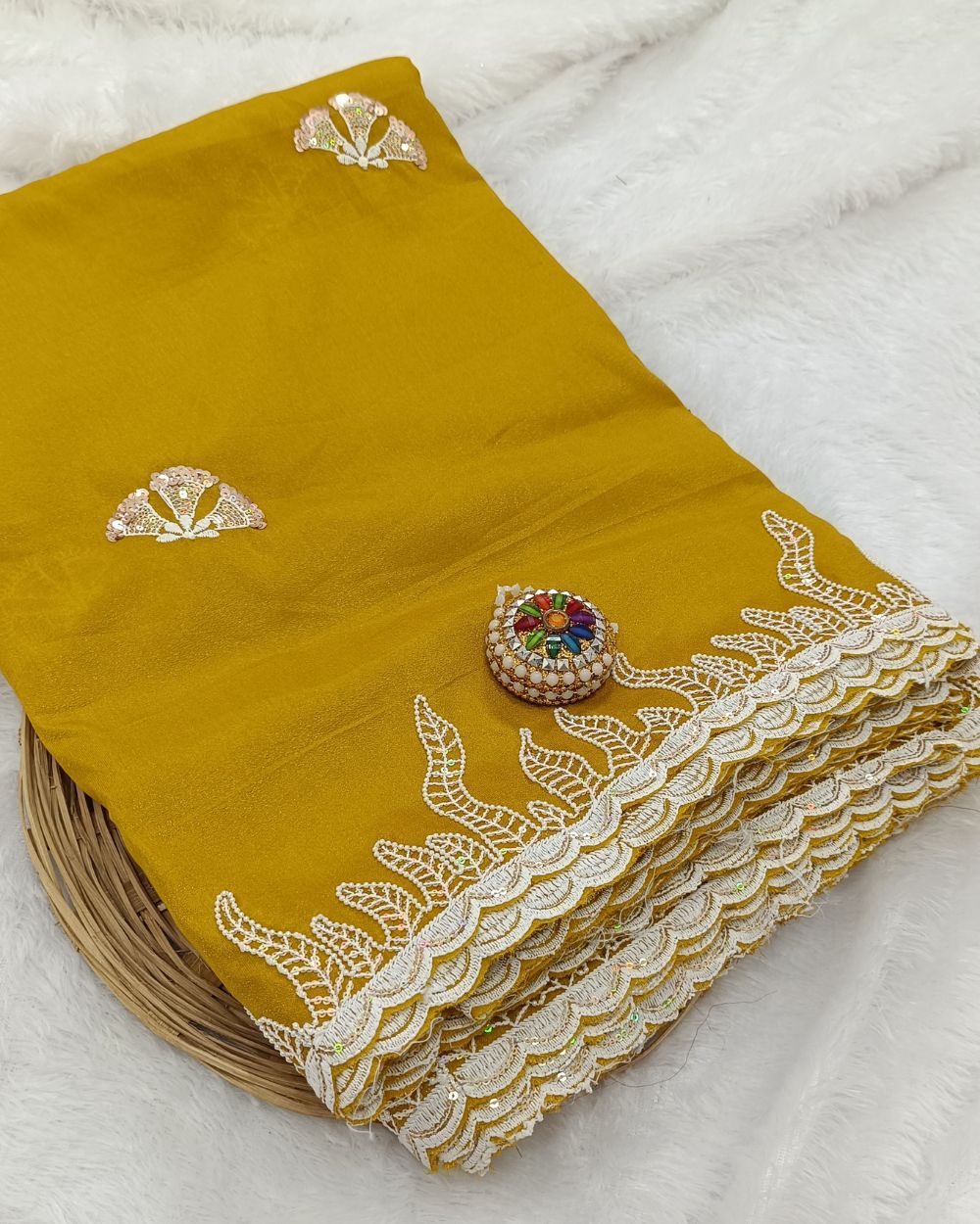 Art Silk with Cut Work Border Mustard Yellow Colour 38 Inches Width