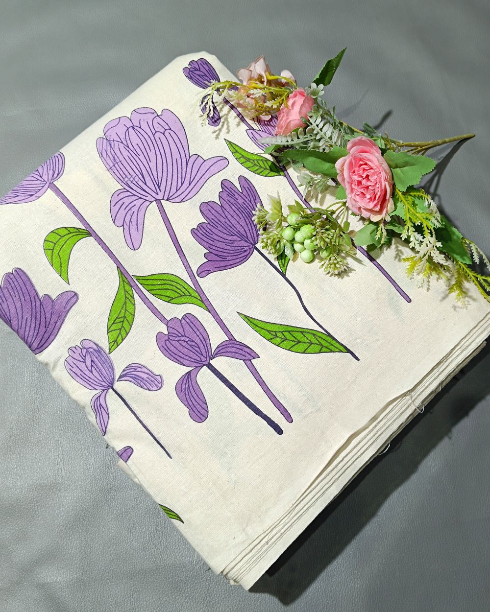 Printed Khadi Cotton with Border Lavender Colour 42 Inches Width