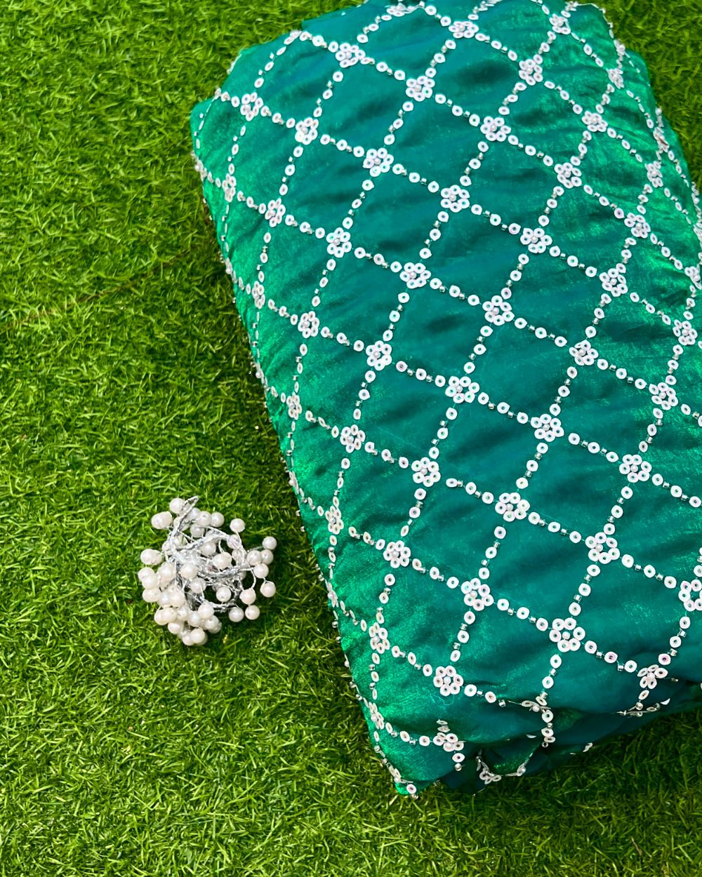 Space Silk Work Peacock Green Colour 42 Inches Width