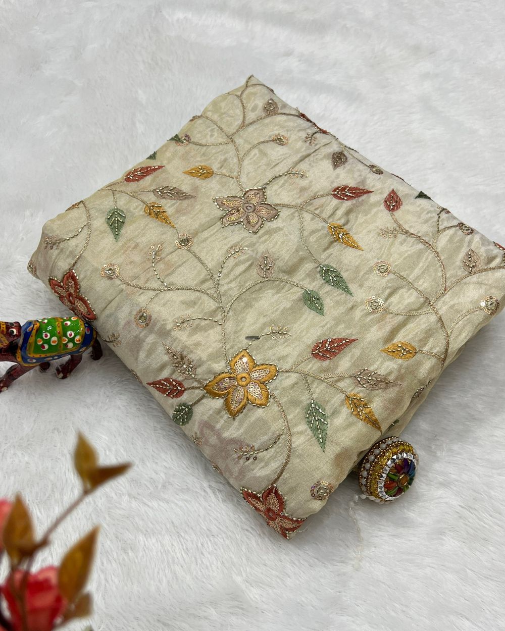 Cosmos Golden Colour fabric with Multicolor Floral Work 42 Inches Width