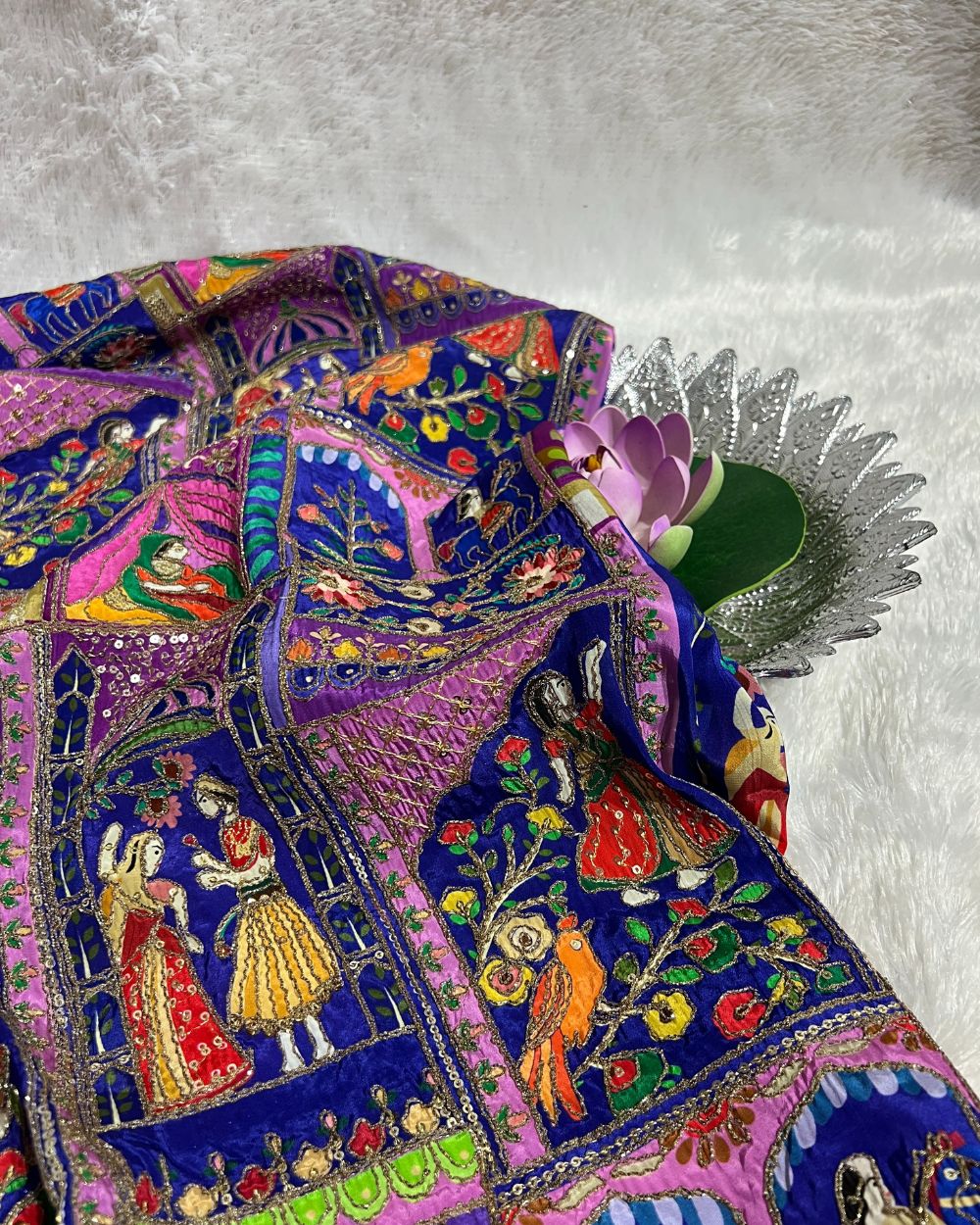 Position Print with Sequin Embroidery on Natural Crepe Work Multicolor 42 Inches Width