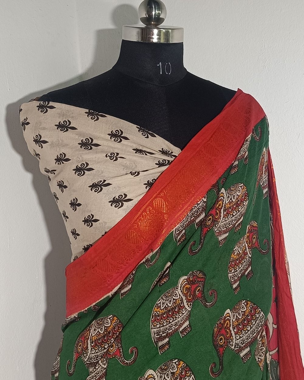 Hand Block Printed Cotton Kalamkari Saree with Blouse Piece Green Colour 46 Inches Width