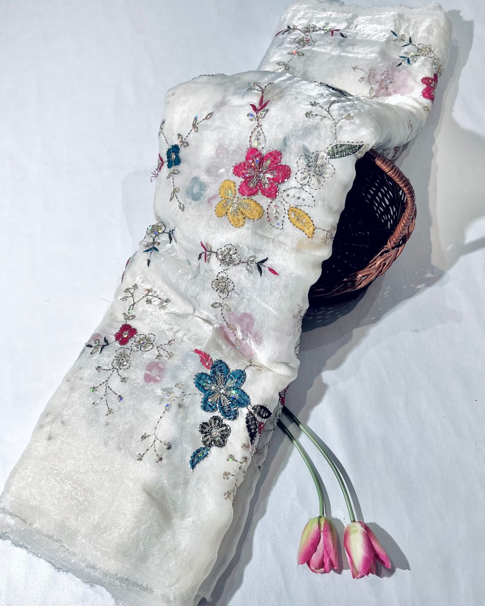 Space Silk Work White Colour 44 Inches Width