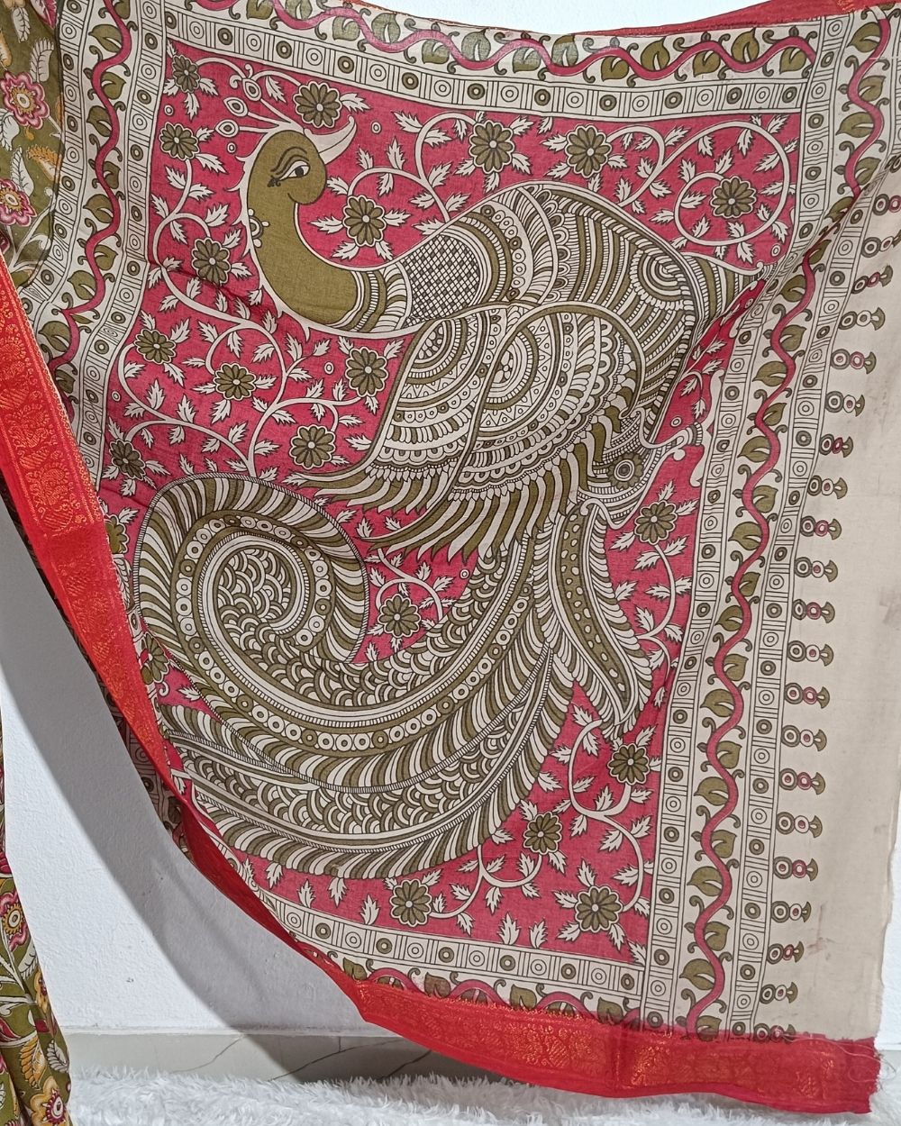 Hand Block Printed Cotton Kalamkari Saree with Blouse Piece Olive Green Colour 46 Inches Width
