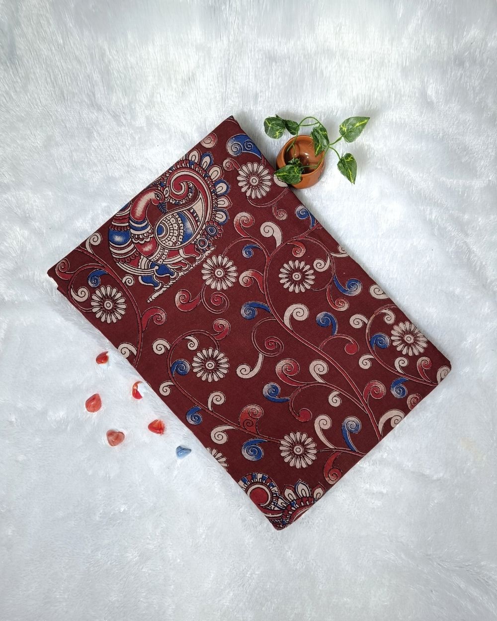 Hand Block Printed Cotton Kalamkari Dark Maroon Colour 46 Inches Width