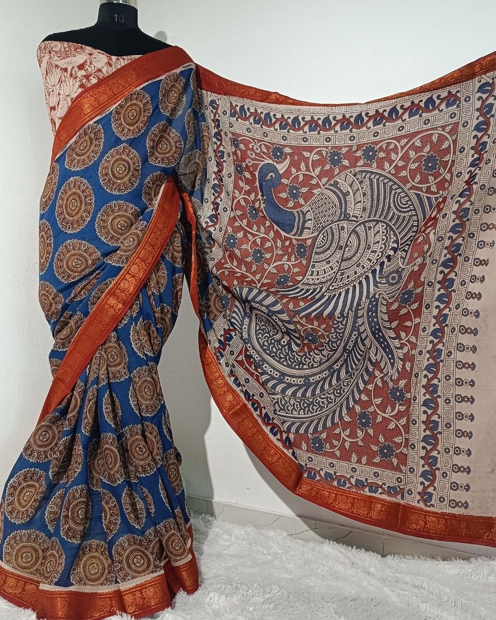 Hand Block Printed Cotton Kalamkari Saree with Blouse Piece Blue Colour 46 Inches Width