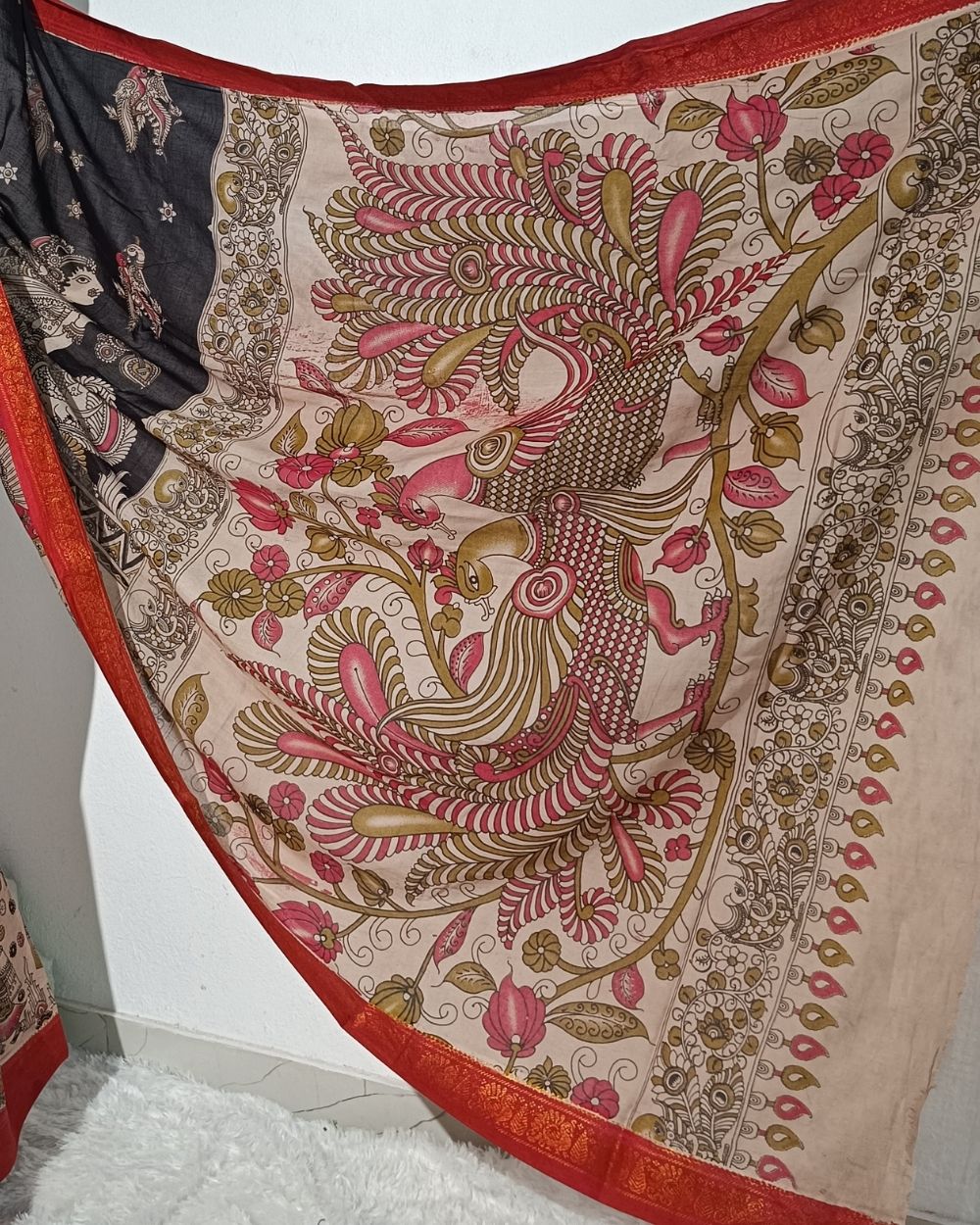 Hand Block Printed Cotton Kalamkari Saree with Blouse Piece Black Colour 46 Inches Width