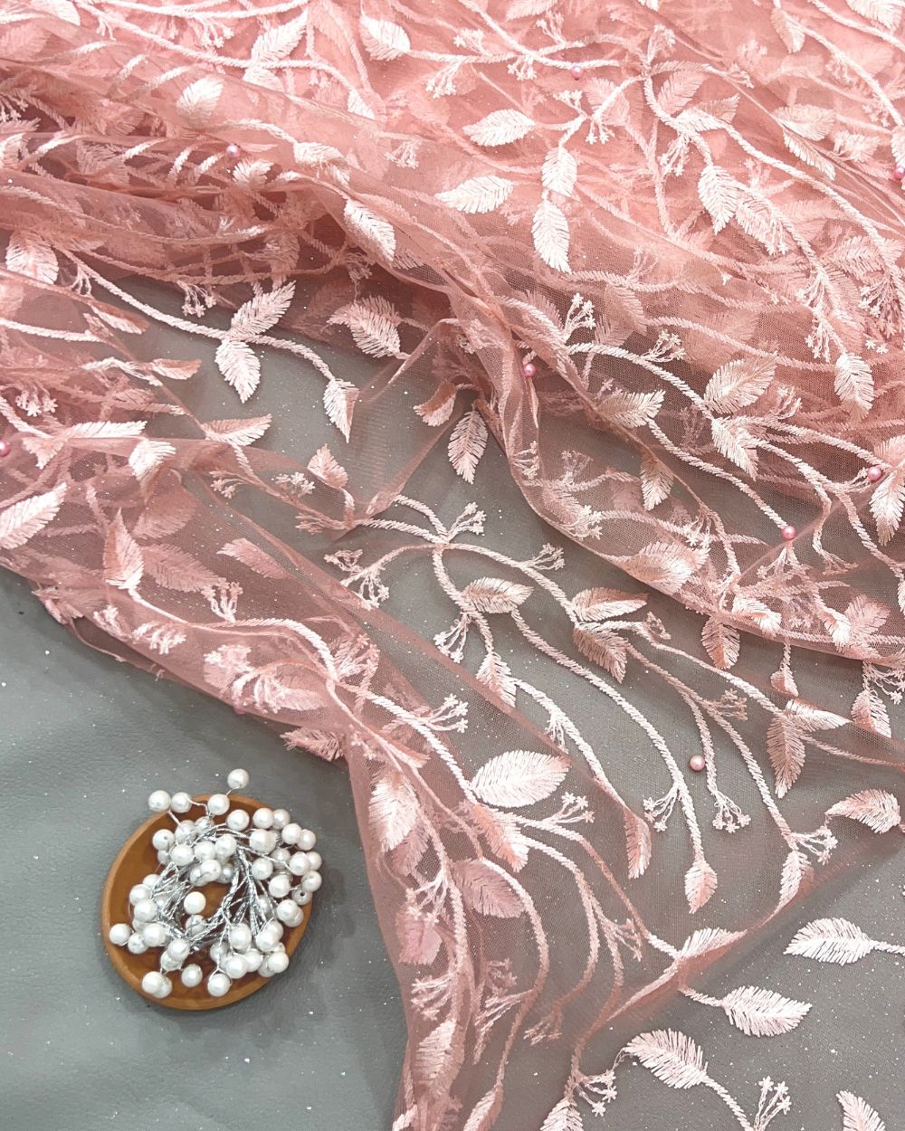 Moti Net Work Peach Colour 42 Inches Width