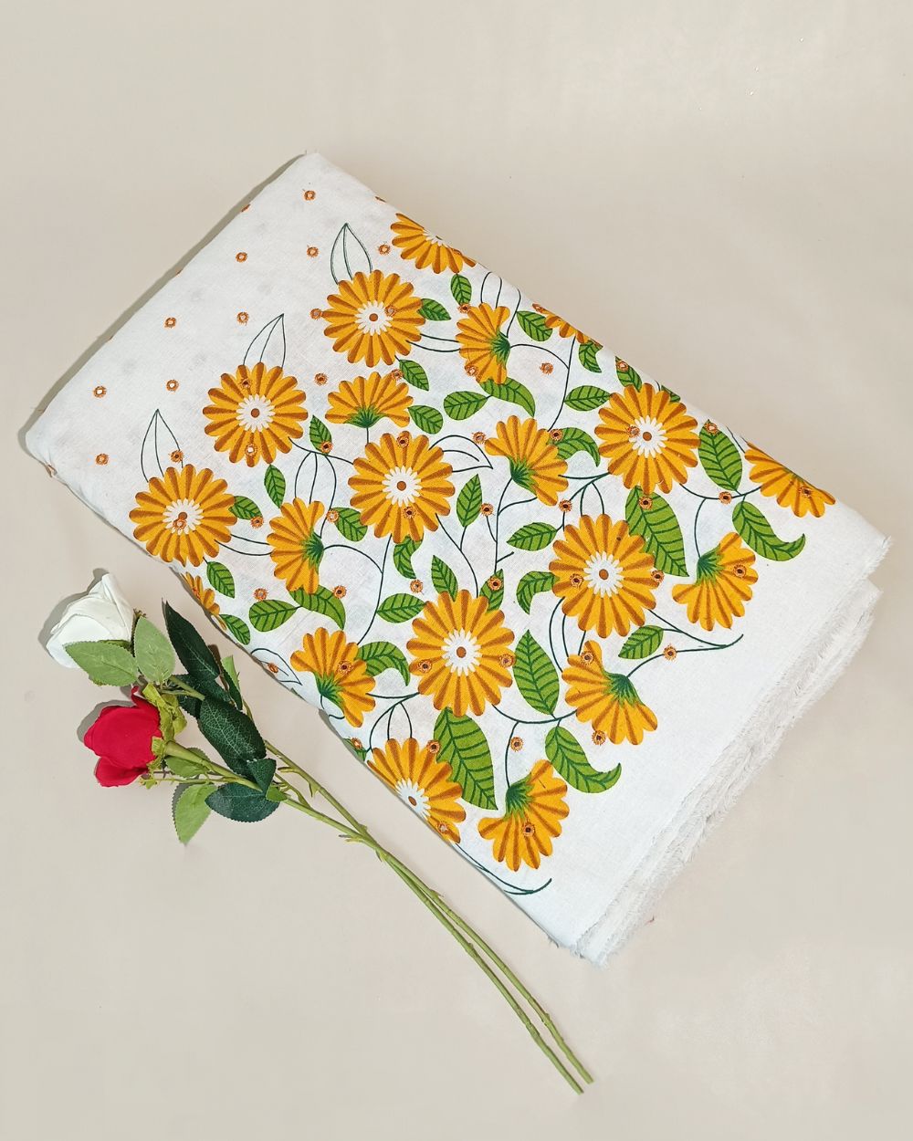 Khadi Cotton Abla Work with Border Mustard Yellow Colour 42 Inches Width