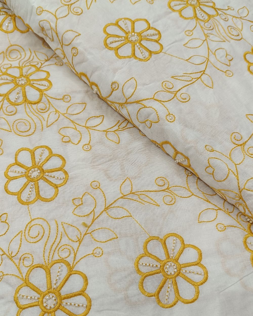 Kora Cotton Moti Work Yellow Colour 45 Inches Width