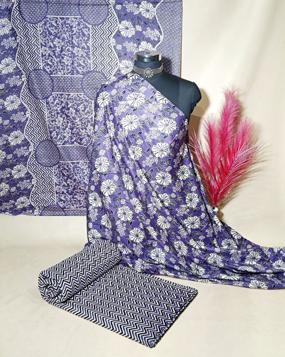 Printed Cotton Unstitched Top-Bottom Set with Dupatta Dark Purple Colour 44 Inches Width