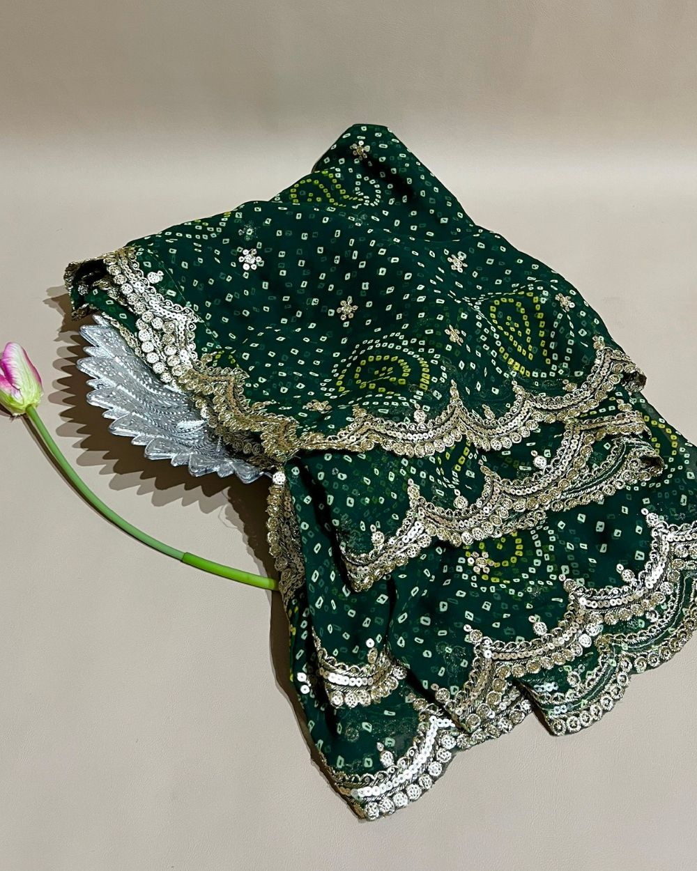 Georgette Bandhani Dupatta with Cut Work Border Bottle Green Colour 37 Inches Width