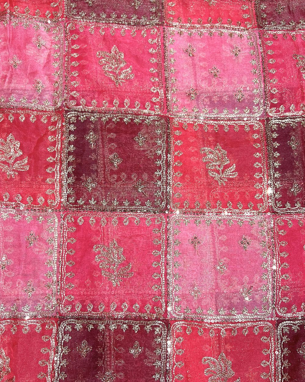 Position Print with Sequin Embroidery on Premium Organza Watermelon Pink Colour 44 Inches Width