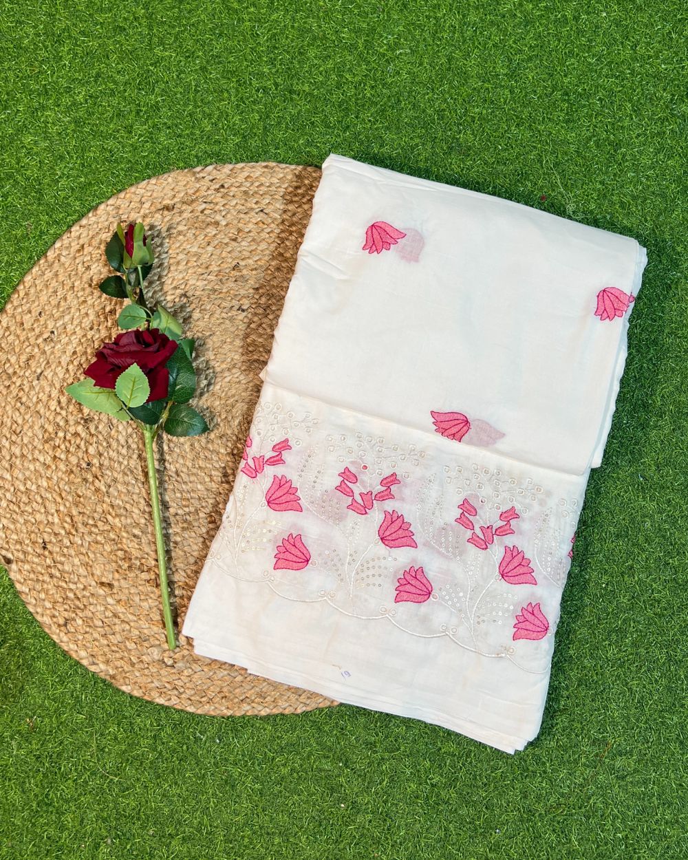 Cotton Work with Border White Colour 44 Inches Width