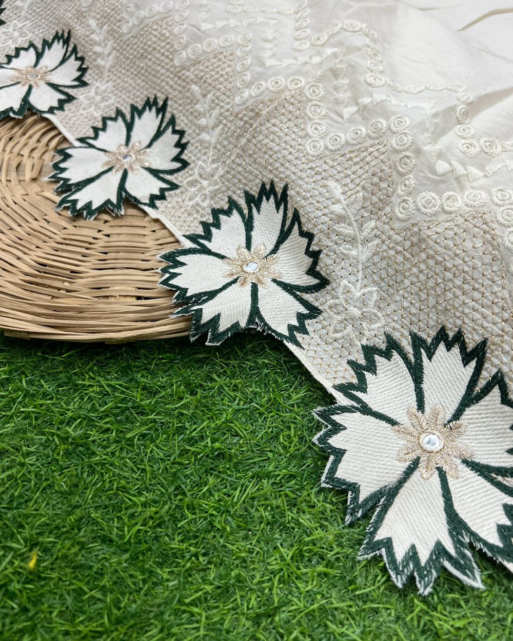 Kora Cotton with Cut Work Border Dark Bottle Green Colour 42 Inches Width