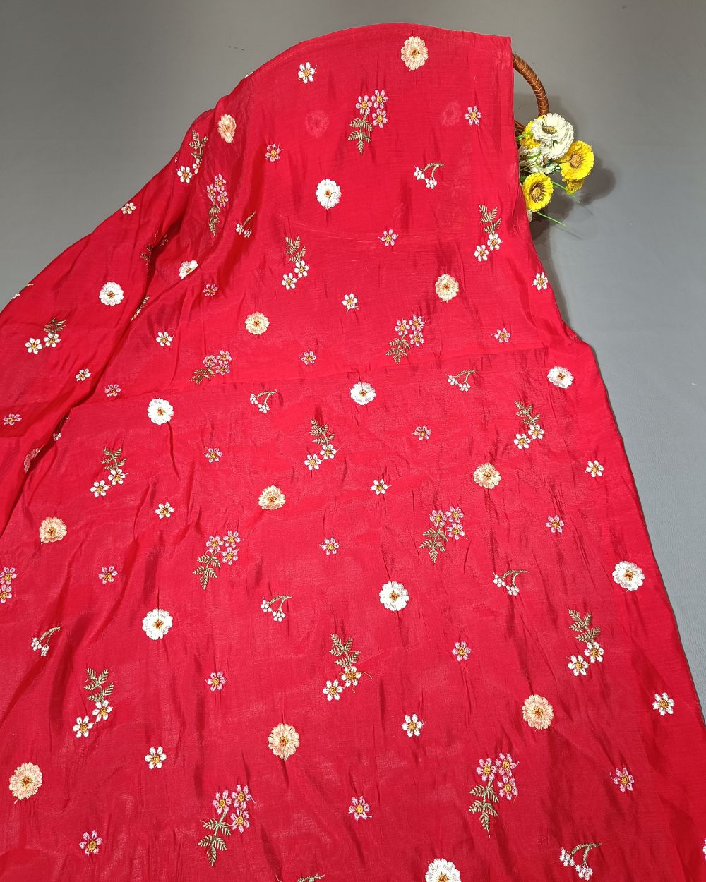 Chanderi Mal Cotton with Thread Work Red Colour 43 Inches Width