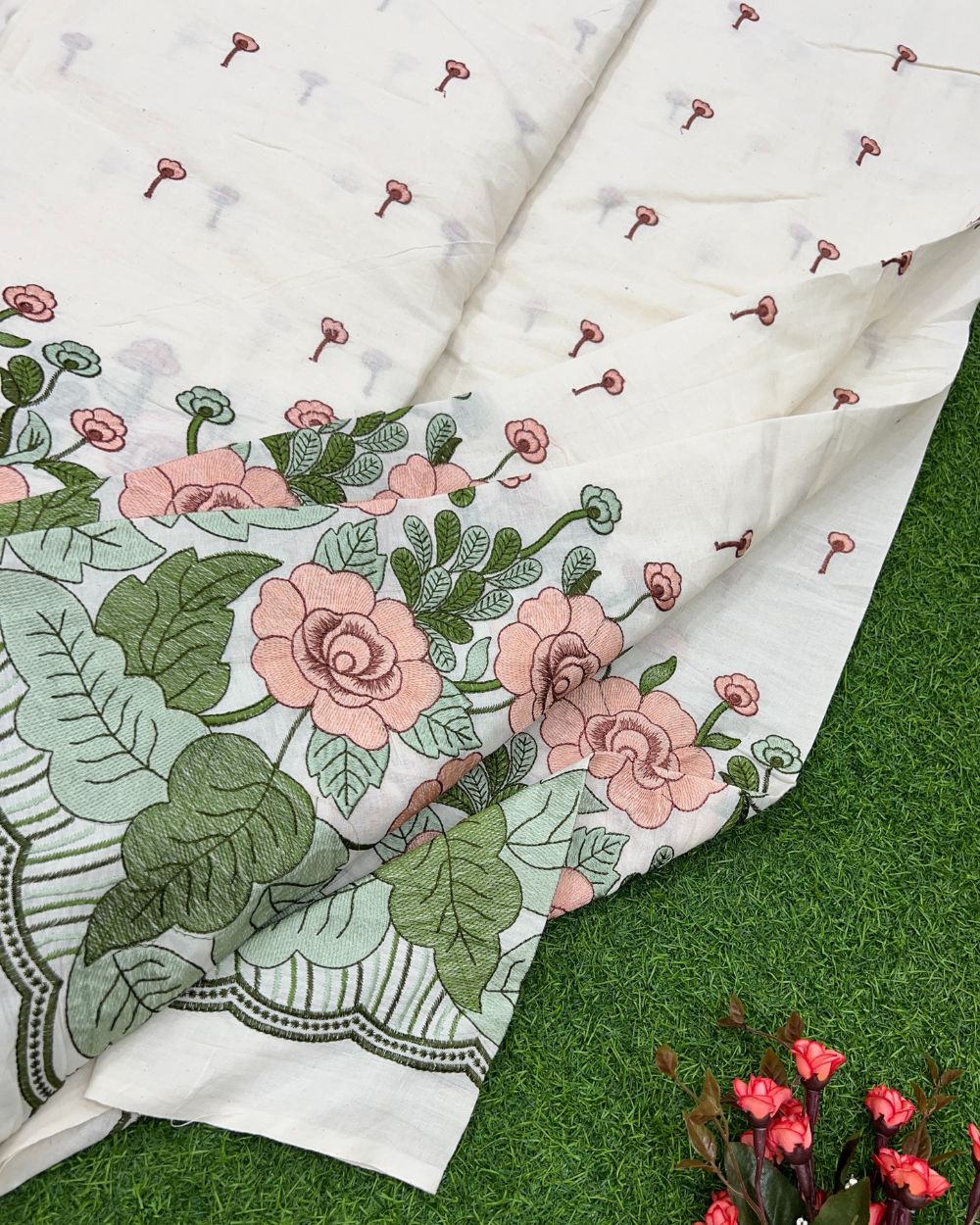 Kora Cotton Border Work Peach Colour 45 Inches Width