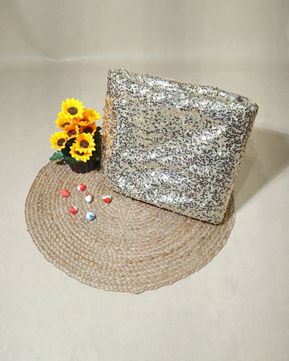 Net Sequins Work Light Golden Colour 44 Inches Width