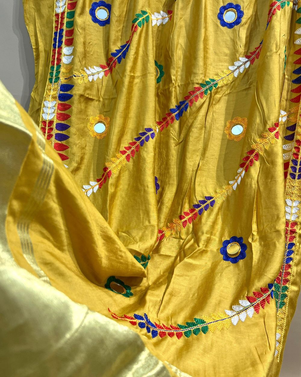 Abla Work Lagdi Patta Dupatta Art Silk Golden Colour 40 Inches Width