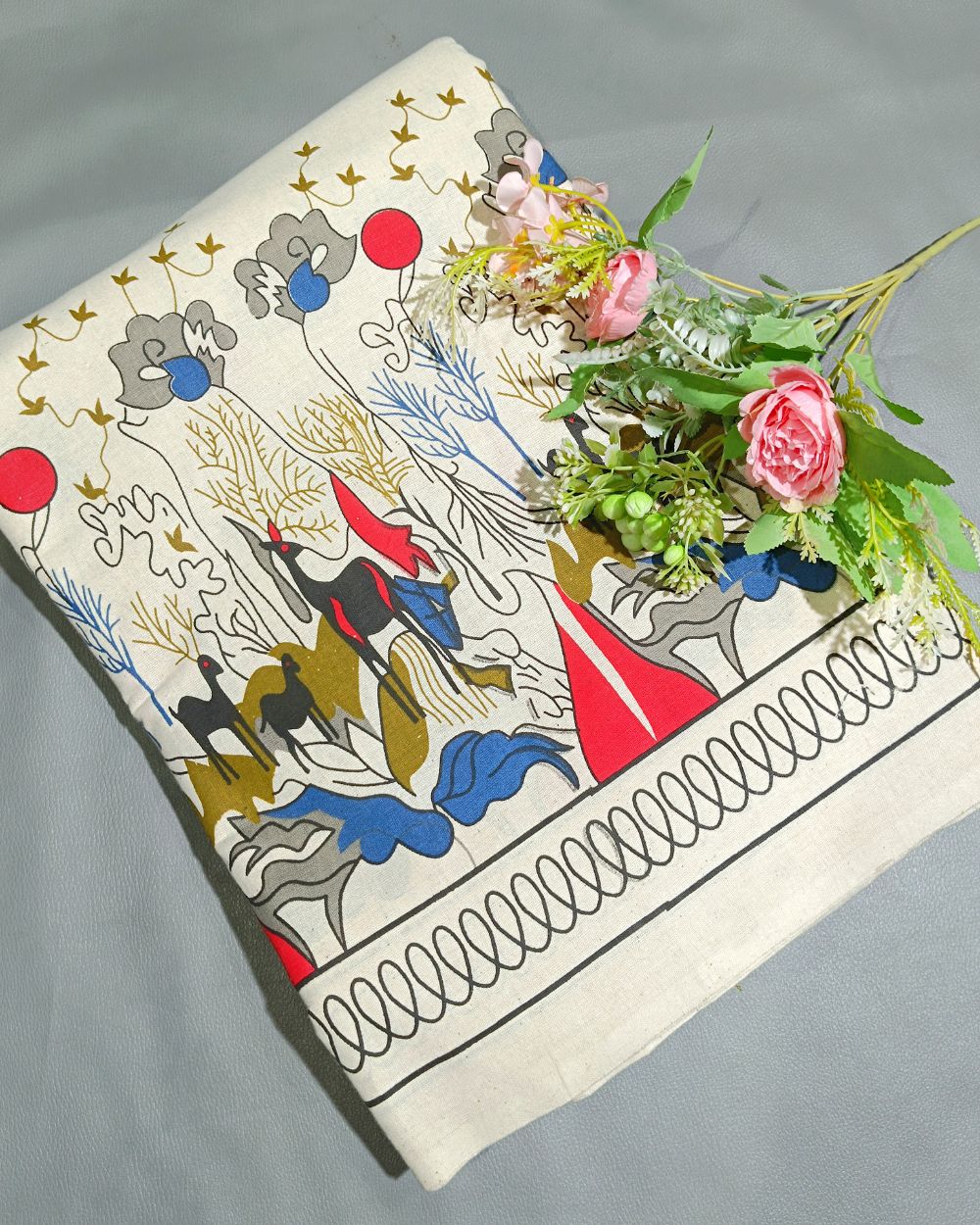 Printed Khadi Cotton with Border Multicolour Colour 42 Inches Width