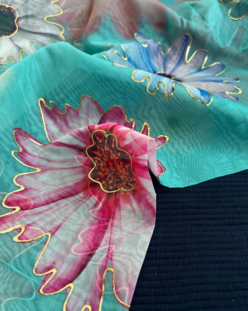 Premium Printed Organza Foil Turquoise Colour 43 Inches Width
