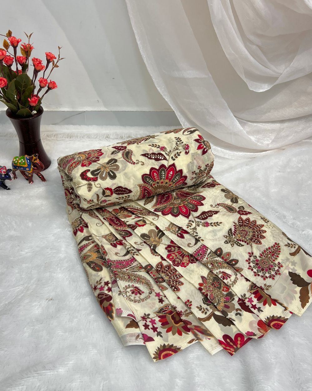 Natural Crepe Work Cream Colour 45 Inches Width