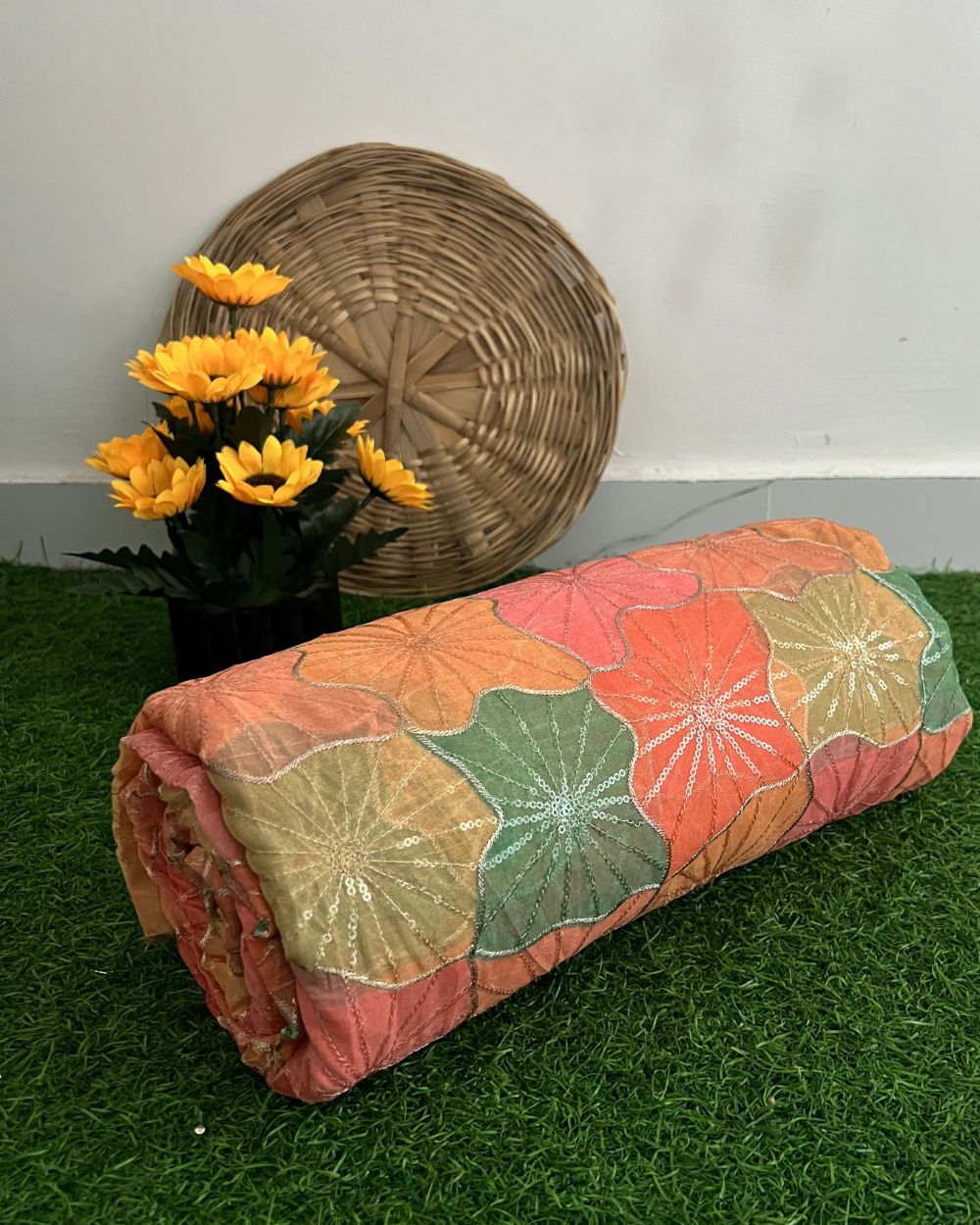 Position Print with Sequin Embroidery on Premium Organza Multicolor 42 Inches Width