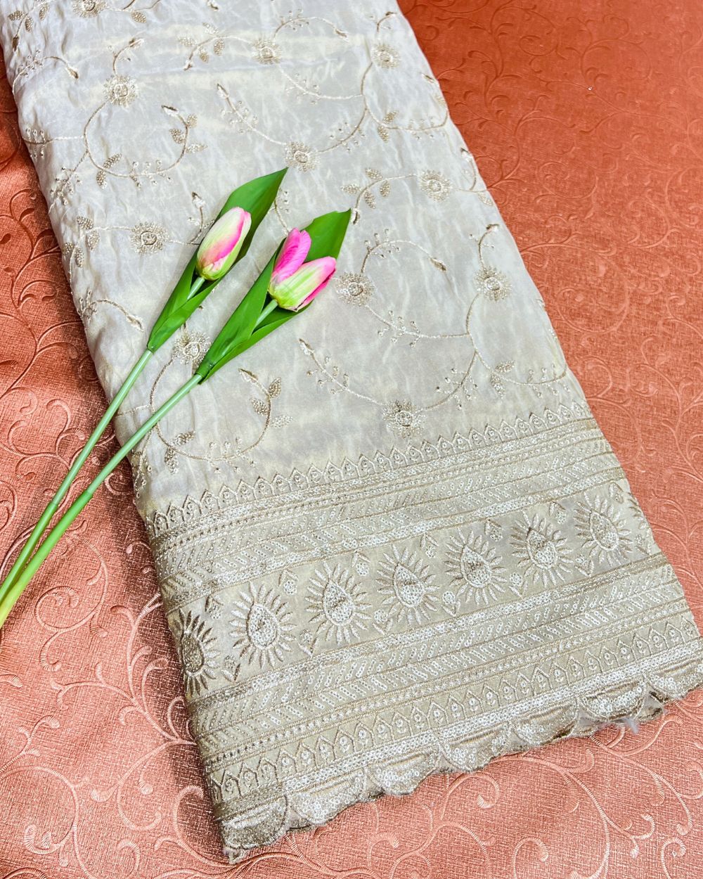Dyeable Cosmos Border Work Golden Colour 46 Inches Width