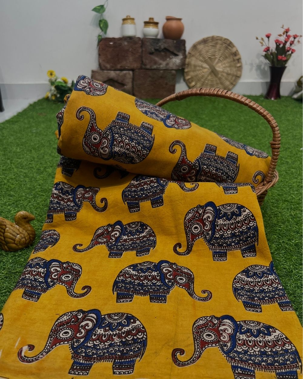 Hand Block Printed Cotton Kalamkari Turmeric Yellow Colour 47 Inches Width