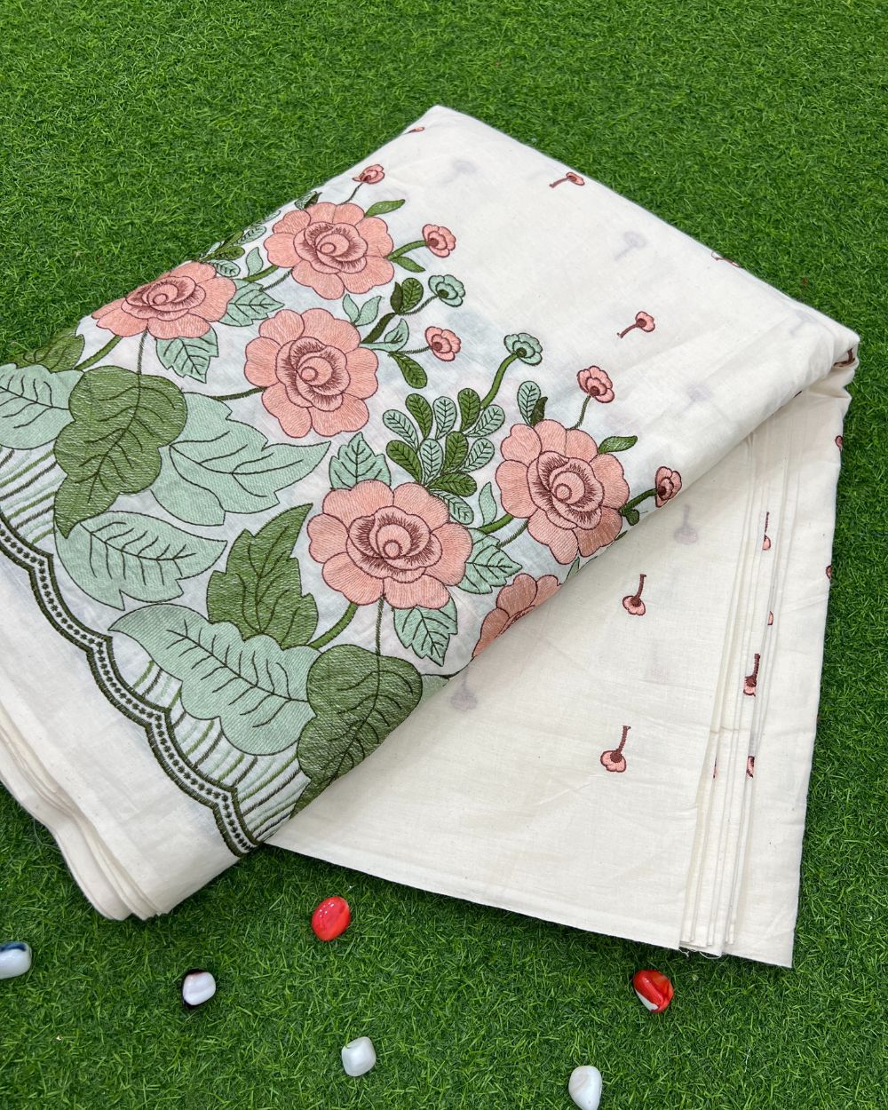 Kora Cotton Border Work Peach Colour 45 Inches Width