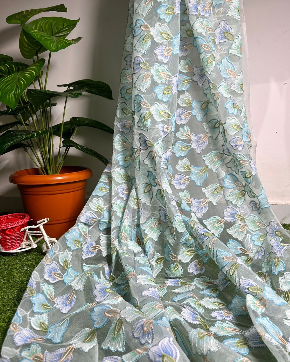 Imported Korean Net Work Mint Blue Colour 57 Inches Width