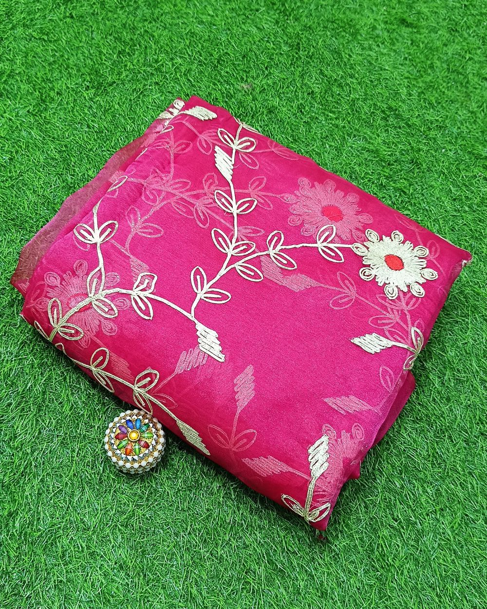 Organza Gotapatti Work Rani Pink Colour 44 Inches Width