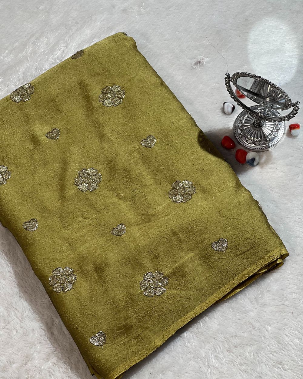 Rangoli Crush Silk Work Pomelo Olive Green Colour 42 Inches Width
