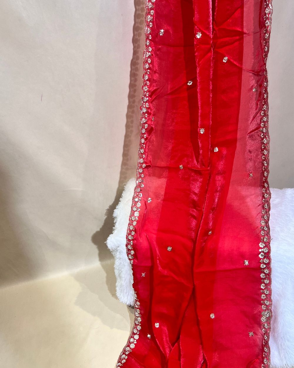 Space Silk Work Dupatta Fabric with Border Red 38 Inches Width