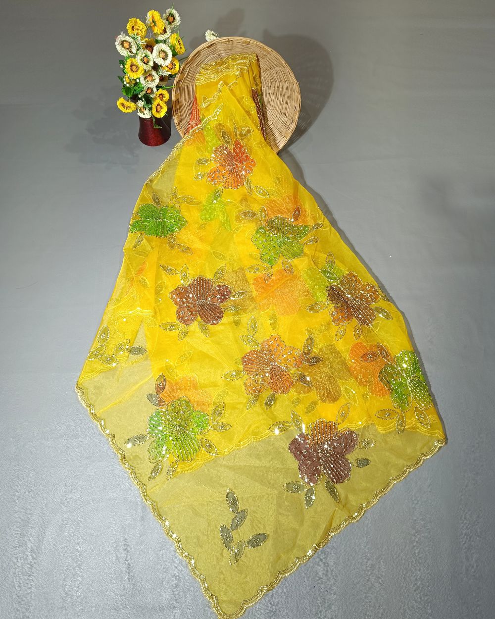 Premium Pure Soft Organza Work Dupatta Yellow Colour 39 Inches Width