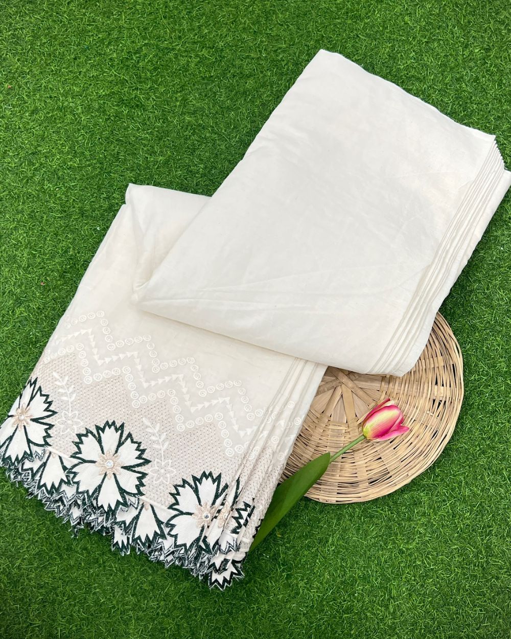 Kora Cotton with Cut Work Border Dark Bottle Green Colour 42 Inches Width