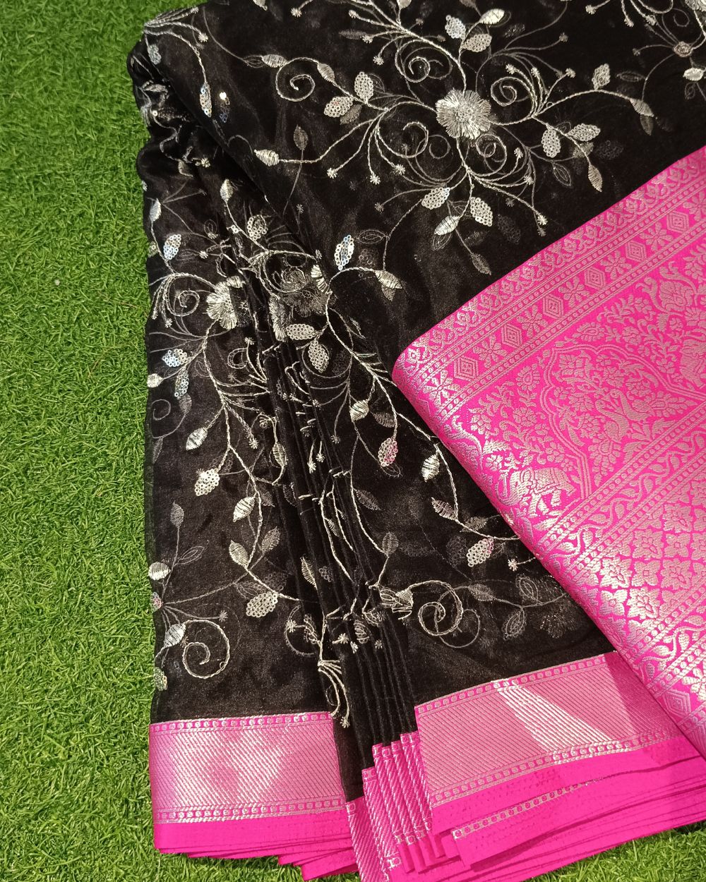Organza with Border Work Black Colour 42 Inches Width