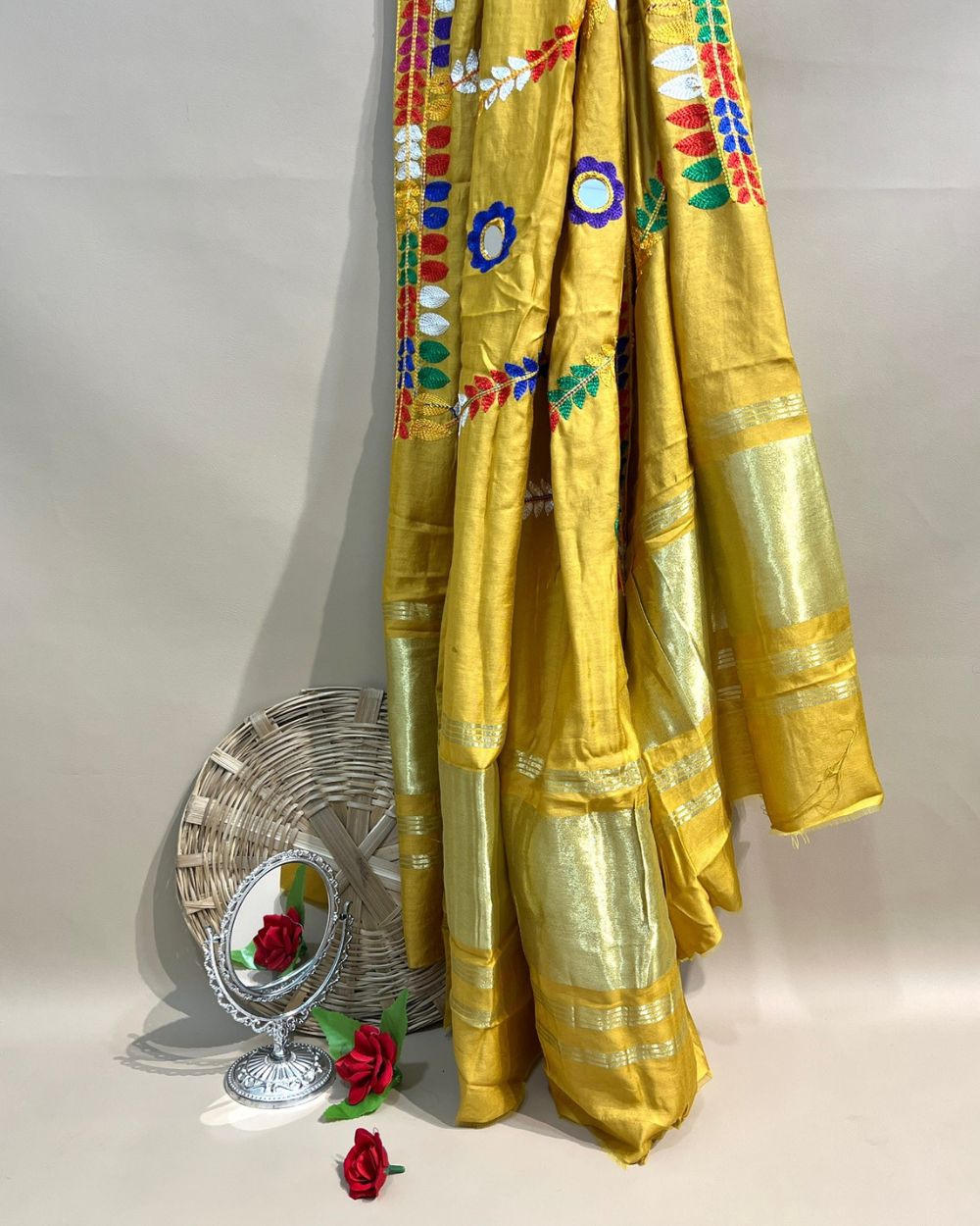 Abla Work Lagdi Patta Dupatta Art Silk Golden Colour 40 Inches Width