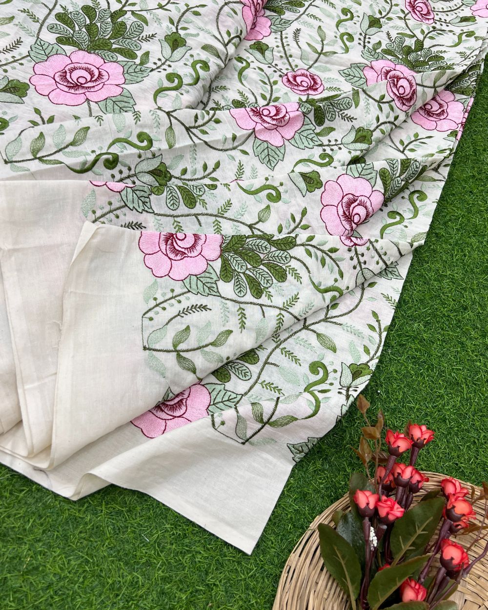 Kora Cotton Work Pink Colour 45 Inches Width
