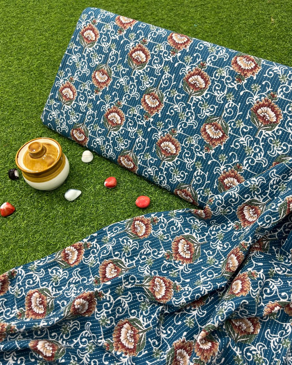 Printed Cotton Kantha Work Light Blue Colour 44 Inches Width