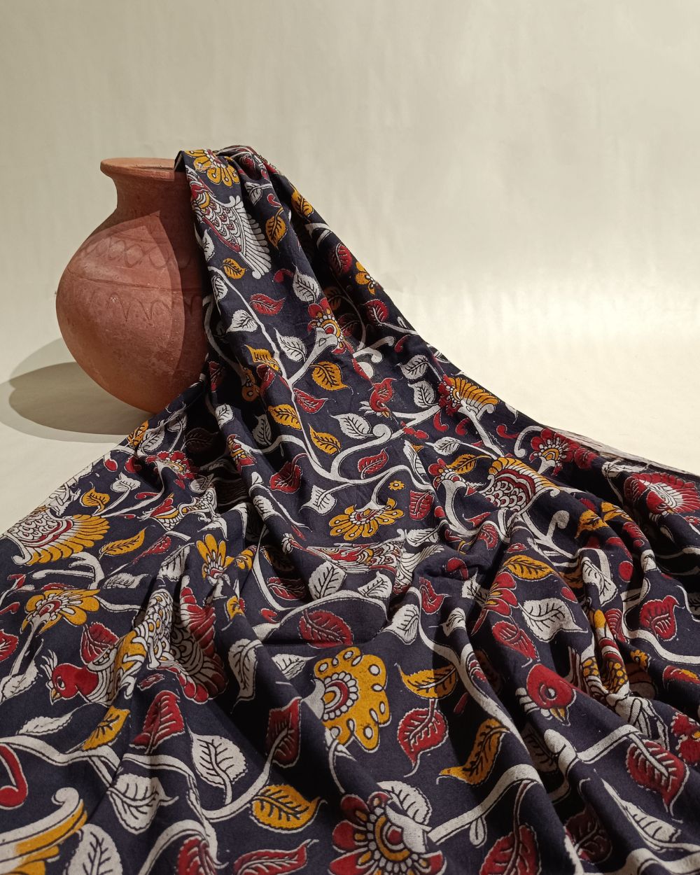Hand Block Printed Cotton Kalamkari Black Colour 46 Inches Width