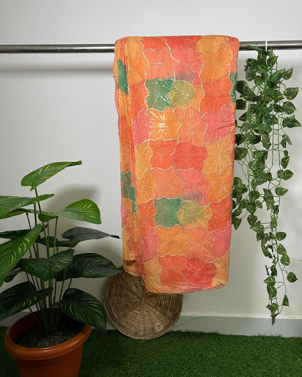 Position Print with Sequin Embroidery on Premium Organza Multicolor 42 Inches Width