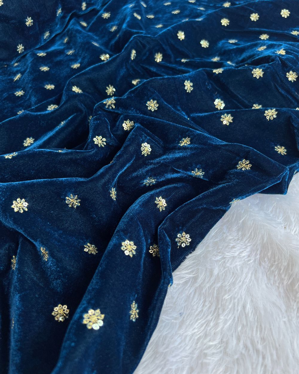 Premium Velvet Butti Work Kerosene Blue Colour 44 Inches Width
