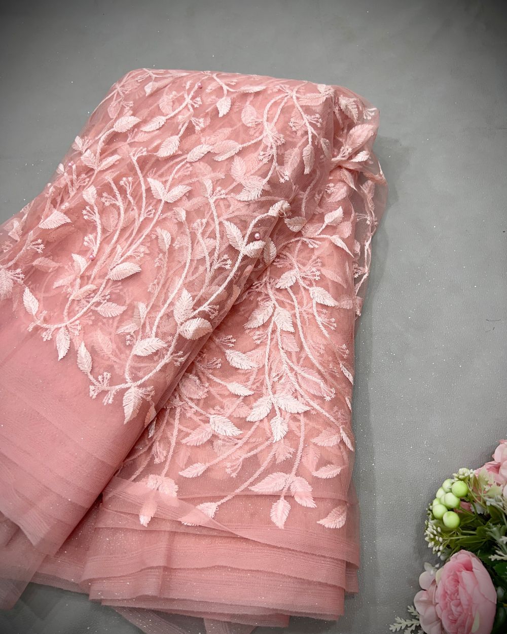 Moti Net Work Peach Colour 42 Inches Width