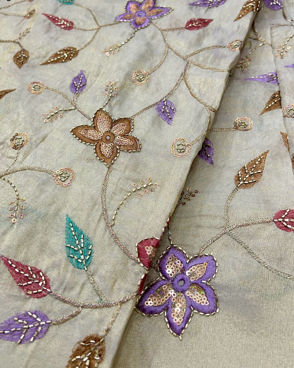 Cosmos Golden Colour fabric with Multicolor Floral Work 42 Inches Width