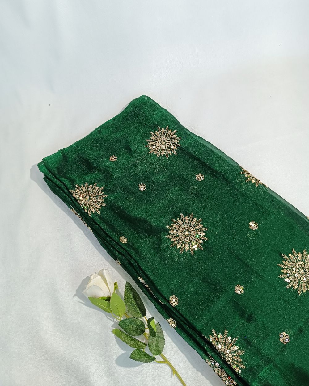 Premium Georgette Work Bottle Green Colour 48 Inches Width